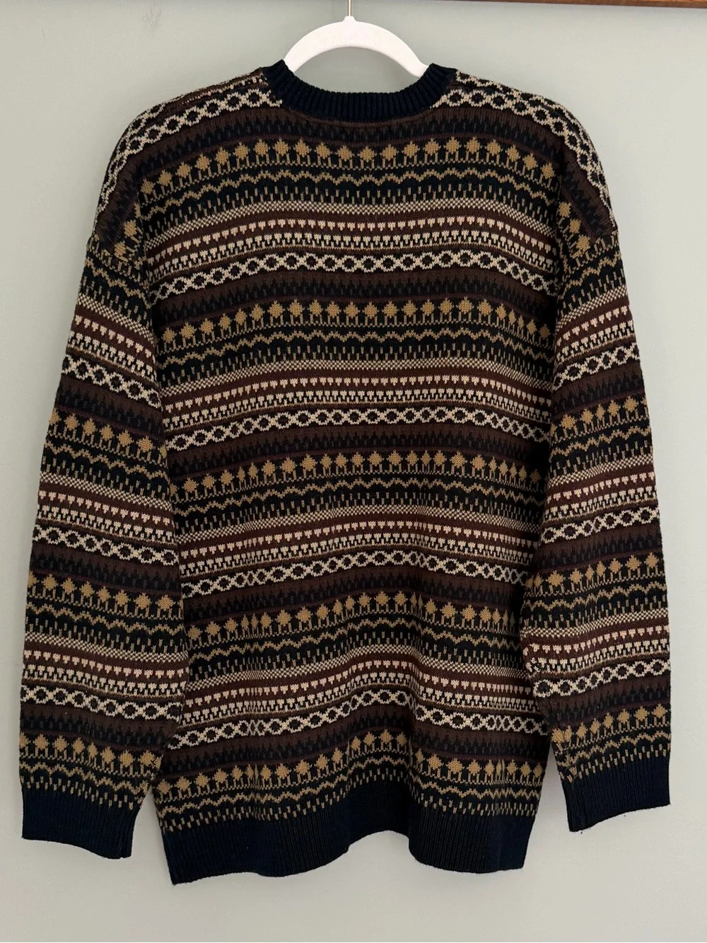VTG Van Heusen Neutral Fair Isle Western Knit Crew Neck Grandpa Sweater